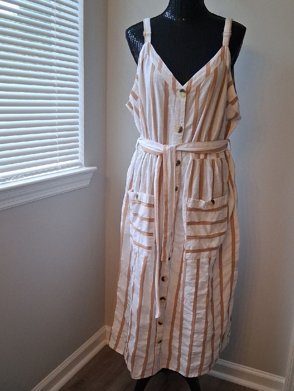 Striped Button-Down Dress with Belt